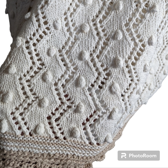 😃Express vintage bobble handknits cotton v neck sweater ivory tan sz L - Picture 4 of 6